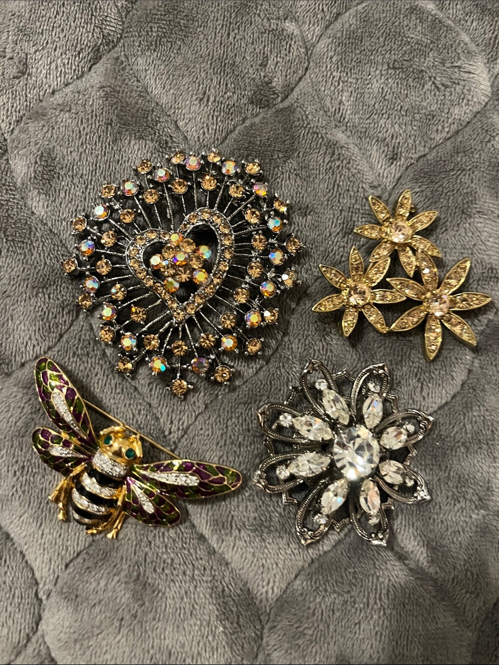 Decorative Bee and Crystal Brooch Set - Gold, Purple & Clear